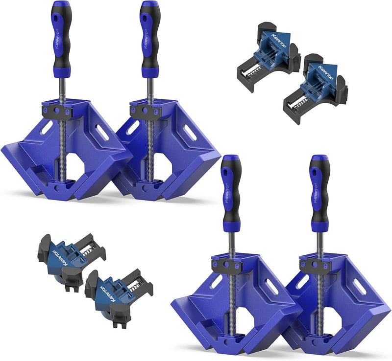 KARRYTON 90 Degree Corner Clamp Set, 4 Pack Aluminum Alloy Swing Jaw Corner Clamps for Woodworking + 4 ABS Plastic Right Angle Clamps, Framing, Cabinet DIY - Image 1